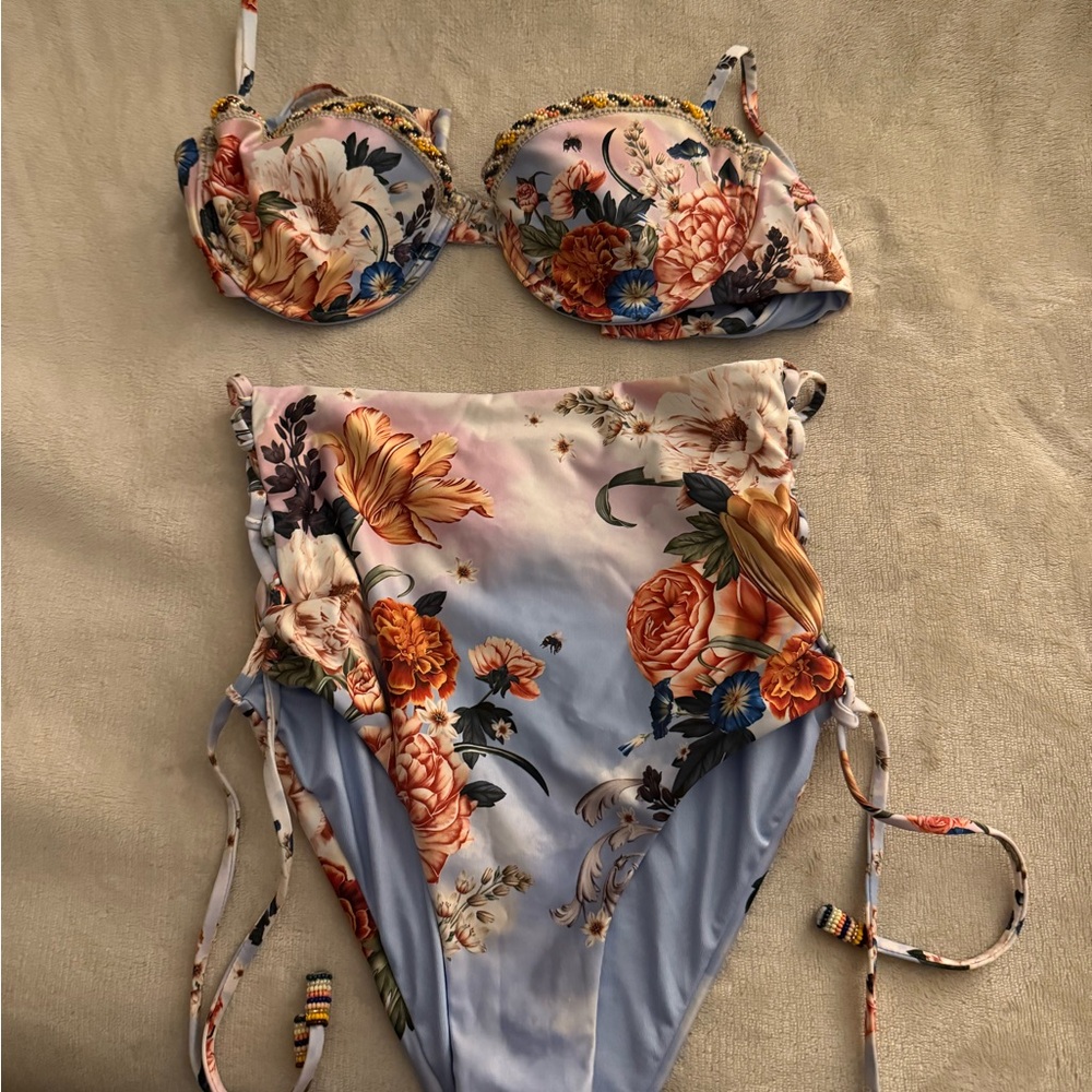 Floral Bikini Set with Blue and Orange Accents